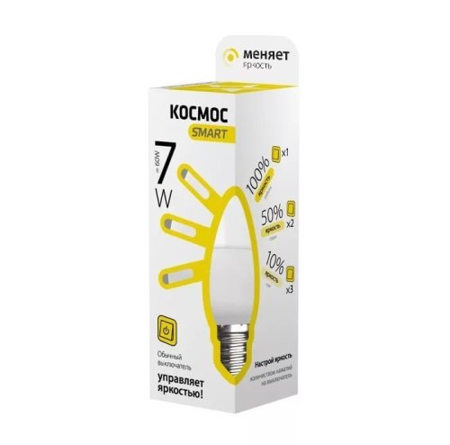 Лампа светодиодная Космос Smart С37 Свеча Е14 220В 7Вт 3000К 3 режима 37х99мм картинка 